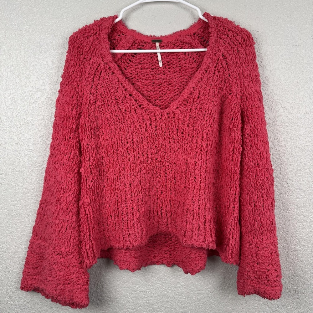 Free People Sweater Womens XS Pink Chunky Knit V Neck Bell Sleeve Boho Pullover